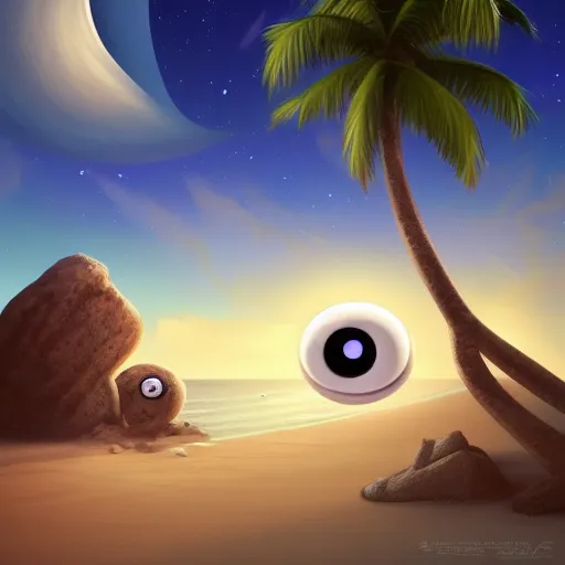 Image similar to A rock with googly eyes, the rock is chilling on the beach, palm trees swaying in the wind, the moon rising on the horizon, stars glistening in the night, hyperdetailed, artstation, cgsociety, 8k