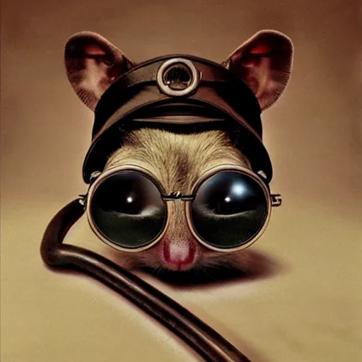 Image similar to a rat with steampunk googles, by Gottfried Helnwein