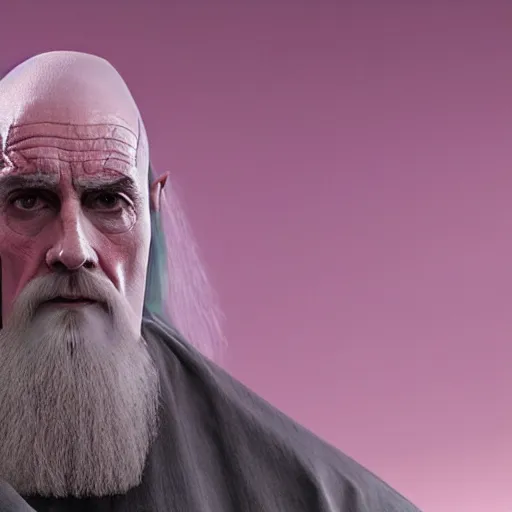 Prompt: Saruman wearing 3M Full Facepiece Respirator with pink filters on top of his head like Walter White