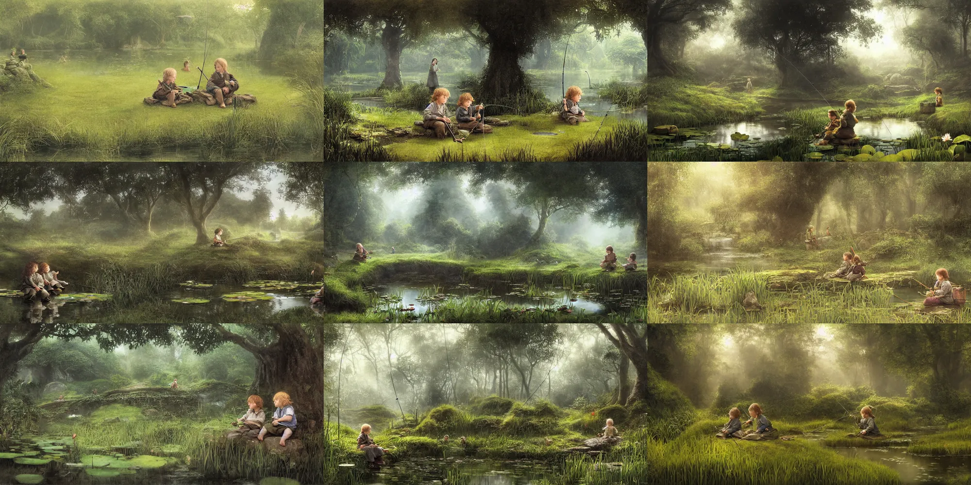 Prompt: two hobbit children sit with fishing poles near a pond covered with lotus flowers, by alan lee, dark foggy forest background, sunlight filtering through the trees, digital art, art station.