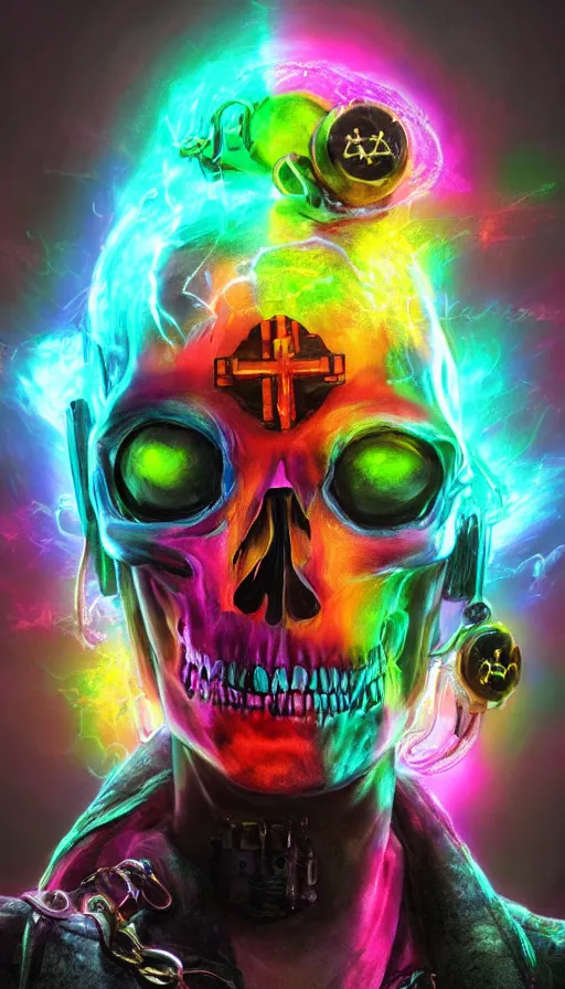 Prompt: a colorful skull with a cross on it's forehead, cyberpunk art by stanley twardowicz, cgsociety, computer art, neon, wallpaper, glowing neon, a woman wearing a silver dress and a silver mask, cyberpunk art by zhou fang, cgsociety, computer art, daz 3 d, zbrush, rendered in maya