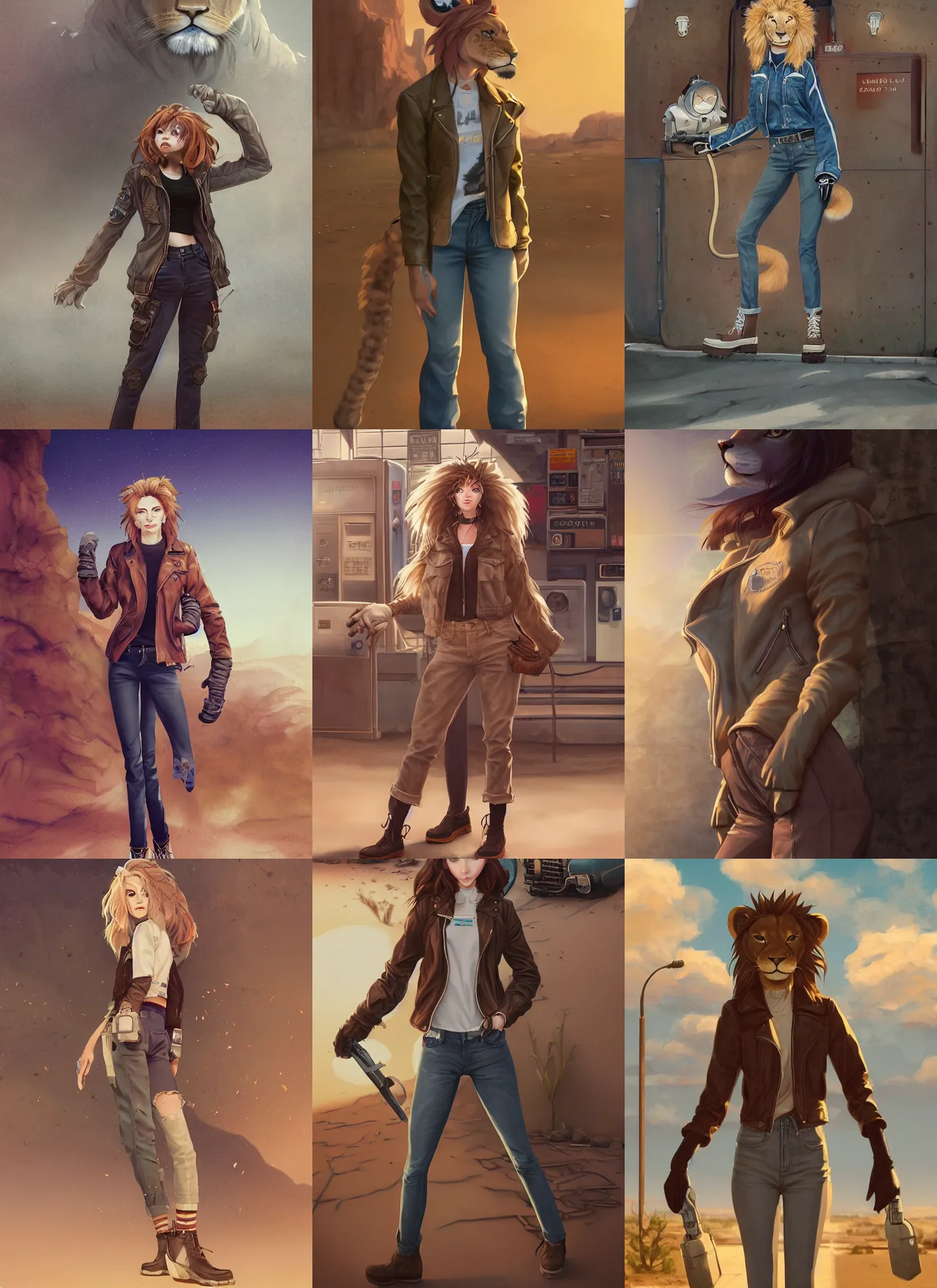 Prompt: beautiful portrait of a female anthropomorphic lion fursona wearing a open leather jacket at an old gas station in the desert. leather gloves. combat boots. cargo jeans. character design by charlie bowater, ross tran, artgerm, and makoto shinkai, detailed, soft lighting, rendered in octane