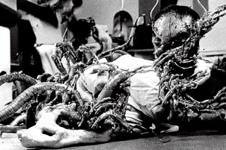 Prompt: filmic extreme wide shot dutch angle movie still 35mm film color photograph of a doctor getting his both his legs pulled and torn off by a bundle of dangerous alien worms coming from off camera, blood slattering, in the style of The Thing 1982 horror film