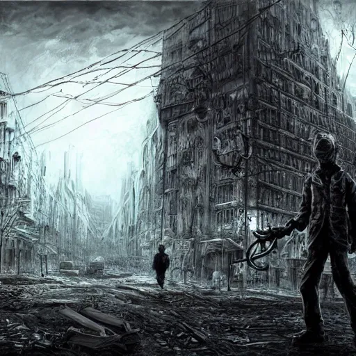 Prompt: a boy in apocalyptic zombie city, lovecraftian horror!, surrealism, fantasy, intricate, elegant, highly detailed, digital painting, realistic shading, cinematic composition, hdr, photorealistic, 3 5 mm film, concept art, artstation, matte, sharp focus, illustration, art by keith thompson and christopher lane