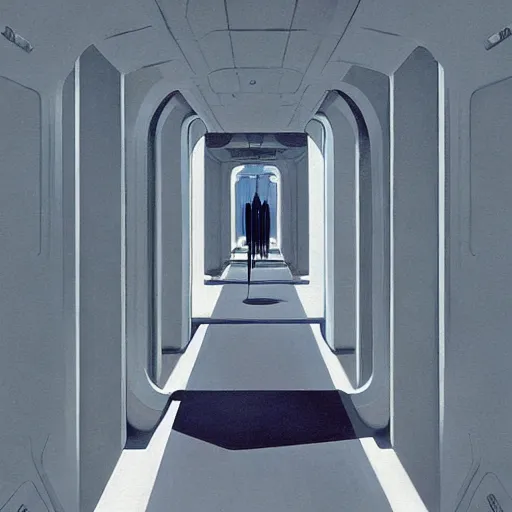 Prompt: A white futuristic modern corridor, very coherent, painted by Edward Hopper, Wayne Barlowe, painted by James Gilleard, airbrush, art by JamesJean