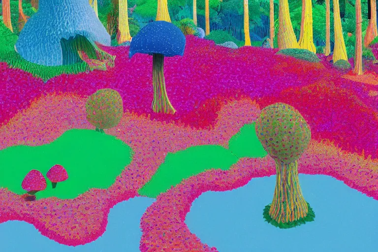 Prompt: a crystal and mushroom ridden world, extinct species, epic land formations, detailed, wide shot, created by david hockney. - h 4 0 0