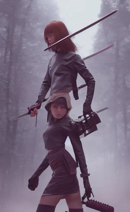 Image similar to school girl holding a katana, gloomy and foggy atmosphere, octane render, cgsociety, artstation trending, horror scene, highly detailded