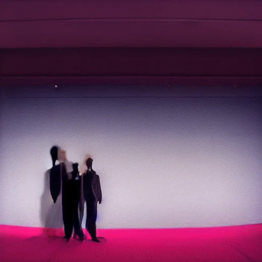 Image similar to Two male silhouettes on an empty theatre stage, polaroid picture, colour, bright