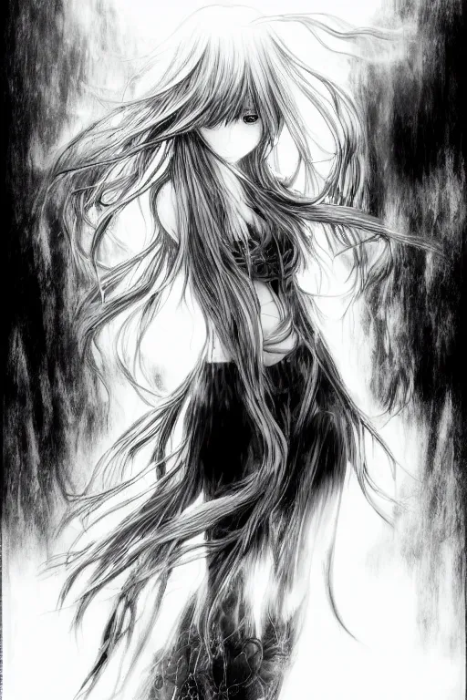 Image similar to a vertical portrait of a character in a scenic environment by Yoshitaka Amano, black and white, dreamy, cybernetic, wavy long black hair, highly detailed