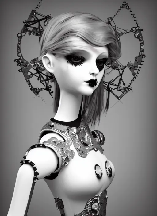 Image similar to black and white dreamy profile face portrait, one silver steampunk eye biomechanical beautiful angelic young female cyborg - robot - doll bust, body ribs meshes,, volumetric light, hibiscus flowers, rim light, big gothic fashion pearl embroidered collar, 1 9 3 0, 8 k