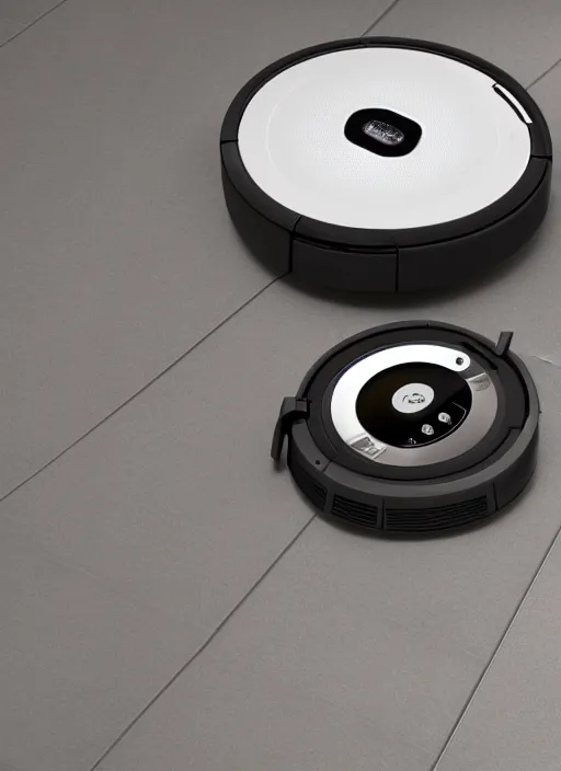 Image similar to A robot roomba standing on its own mechanical limbs, professional 3D render, studio quality, octane render