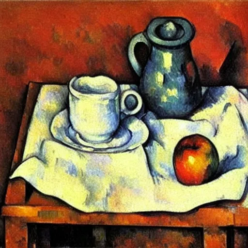 Image similar to Still life oil painting of an apple and a mug of coffee on a school desk, Paul Cezanne, 1895, award-winning, realistic, oil painting, dynamic lighting