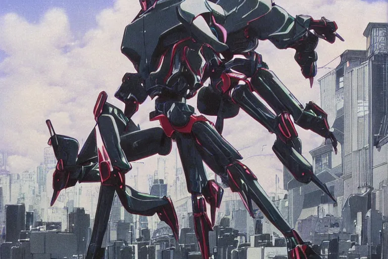 Prompt: 1 9 8 0 s anime screenshot of a sleek, slender, human - scale mecha suit defending the city streets, fighting a mutant monster, designed by hideaki anno, drawn by tsutomu nihei, and painted by zdzislaw beksinski