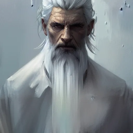 Prompt: man, white clothed, white hair, daoist, artstation, concept art, highly detailed, style of greg rutkowski and alphonse mucha