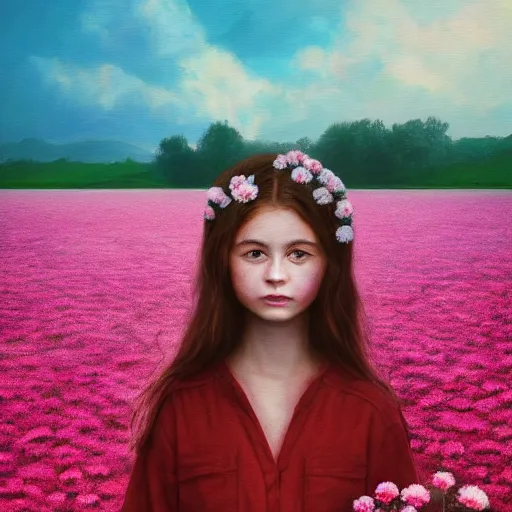 Image similar to head made of carnations flower, girl standing in the middle of a flower field, surreal photography, sunrise dramatic light, impressionist painting, colorful clouds, digital painting, artstation, simon stalenhag, flower face