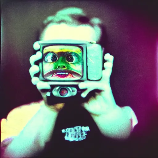 Prompt: Garbage pail kid candid self portrait, analog glitch art, 35mm fisheye lense