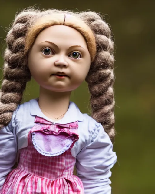 Image similar to high quality presentation photo of a cute greta thunberg porcelain doll in the style of mark ryden photography 4k, f1.8 anamorphic, bokeh, 4k, Canon, Nikon