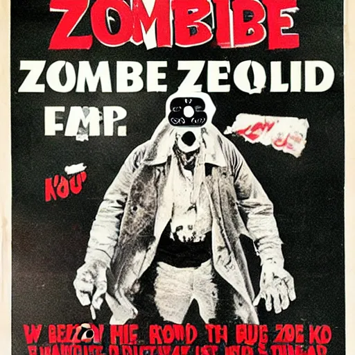 Image similar to old film poster zombie wearing vr, text reads zombie,!!!!!!!!! zombie!!!!!!!!!