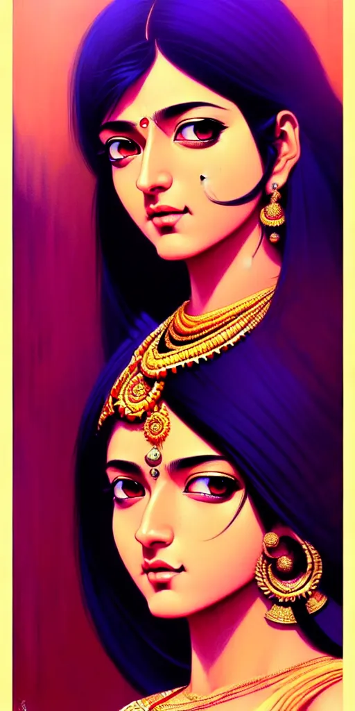 Image similar to a comic portrait of an indian goddess, fine - face, realistic shaded perfect face, fine details. night setting. very anime style. realistic shaded lighting poster by ilya kuvshinov katsuhiro, magali villeneuve, artgerm, jeremy lipkin and michael garmash, rob rey and kentaro miura style, trending on art station