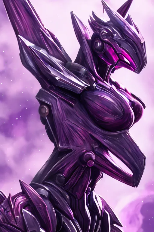 Image similar to cinematic bust shot, hyperdetailed elegant beautiful stunning giant robot mecha hot female goddess dragon, sharp spines, sharp metal ears, smooth purple eyes, smooth fuschia skin, smooth silver armor, nebula size, space, epic proportions, epic scale, warframe fanart, macro giantess, furry art, dragon art, goddess art, giantess art, furaffinity, octane