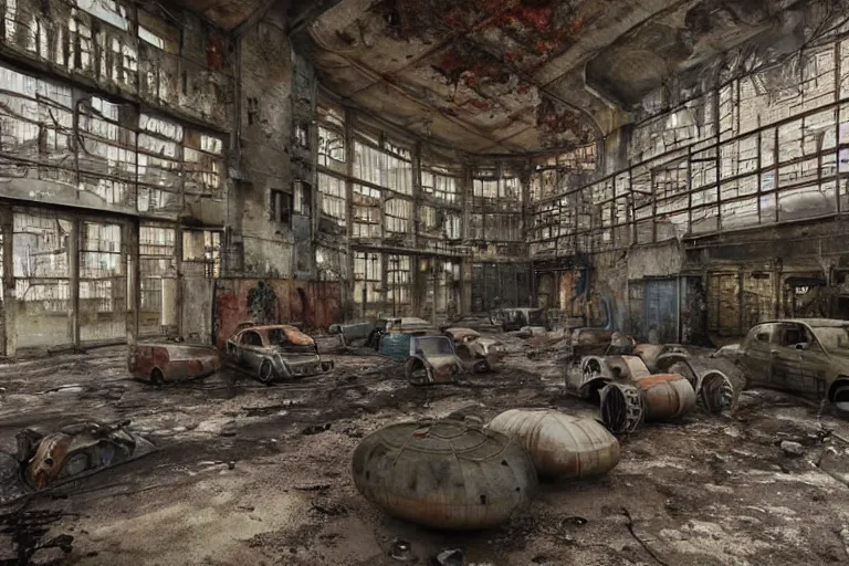 Image similar to the last sanctuary - post apocalyptic refuge, sci - fi fantasy architecture, a former factory transformed into a fortress, surrounded by walls and littered with rust and decay, large angles for big views, tubes, barrels, towers, tires, cages, damaged cars and buses, containers, chairs, scaffolds, unreal engine, cinema 4 d hdr 3 d render, trending on artstation