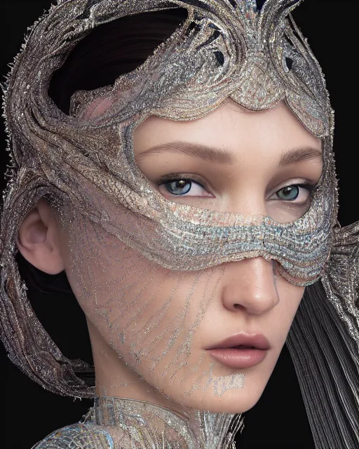 Image similar to a highly detailed metahuman 8 k close up render of bella hadid with a veil all over her face renaissance in iris van herpen dress schiaparelli in diamonds crystals swarovski and jewelry iridescent in style of alphonse mucha trending on artstation made in unreal engine 4