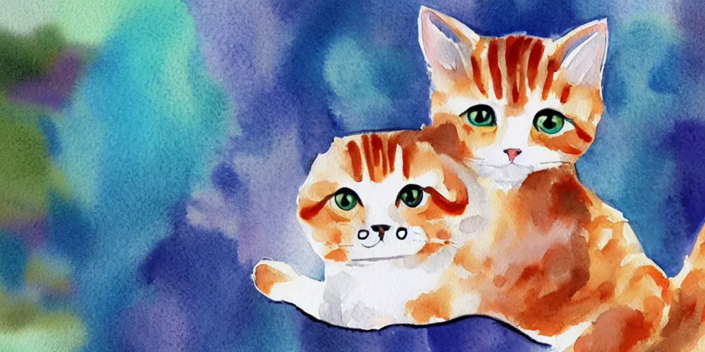 Image similar to watercolor illustration style, cute cat call by phone