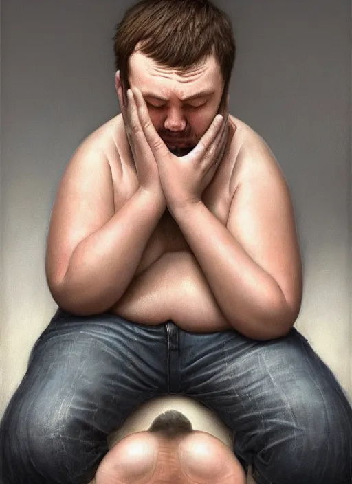 Prompt: insanely detailed chiaroscuro image of a exhausted - looking chubby casually - dressed programmer guy on his knees facing his glowing ultrawide monitor monitor begging it for forgiveness, oil on canvas, masterwork, fine detail, trending on artstation, emotive, insanely compelling, ryden, koons, moebius