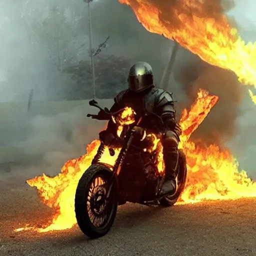 Image similar to “a burning knight in full armor riding a burning motorcycle that is on fire in an graveyard at midnight. cursed image.”