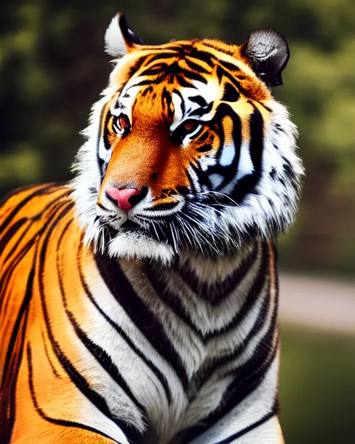 Prompt: high quality presentation photo of a tiger dressed in a suit, photography 4k, f1.8 anamorphic, bokeh, 4k, 85mm lens