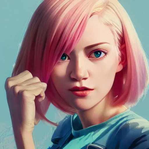 Image similar to smirking woman with cute - fine - face, pretty face, white and pink hair, realistic shaded perfect face, extremely fine details, by realistic shaded lighting, dynamic background, poster by ilya kuvshinov katsuhiro otomo, magali villeneuve, artgerm, jeremy lipkin and michael garmash and rob rey, pascal blanche, kan liu