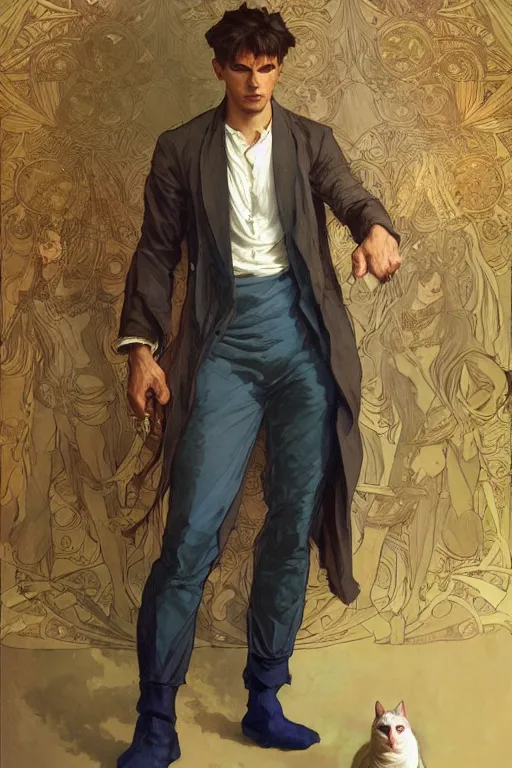 Prompt: full body portrait of a single beautiful young fit man, modern haircut, open shirt, large pants, holding a detailed photorealistic cat. by greg rutkowski and alphonse mucha, d & d character, in front of a modern room background, highly detailed portrait, digital painting, artstation, concept art, smooth, sharp focus ilustration, artstation hq