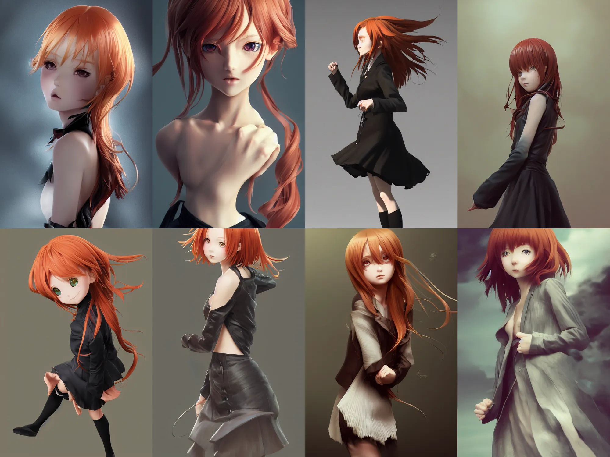 Image similar to Very complcated dynamic composition, realistic anime style at Pixiv, Zbrush sculpt colored, Octane render in Maya and Houdini VFX, young redhead girl in motion, wearing jacket and skirt, silky hair, black stunning deep eyes. By ilya kuvshinov, krenz cushart, Greg Rutkowski, trending on artstation. Amazing textured brush strokes. Cinematic dramatic soft volumetric studio lighting