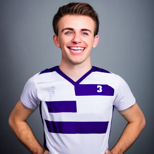 Image similar to photographic portrait of a young white male smiling with short brown hair that sticks up in the front, blue eyes, groomed eyebrows, tapered hairline, sharp jawline, wearing a purple white volleyball jersey, sigma 85mm f/1.4, 35mm, 4k, high resolution, 4k, 8k, hd, full color