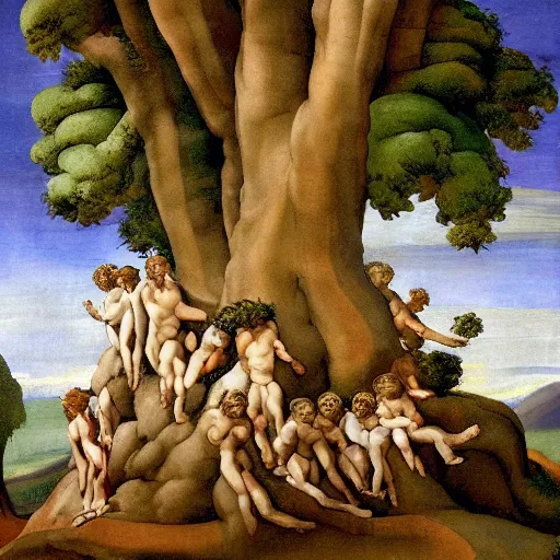 Image similar to the last tree on earth guarded by angels painted by michelangelo