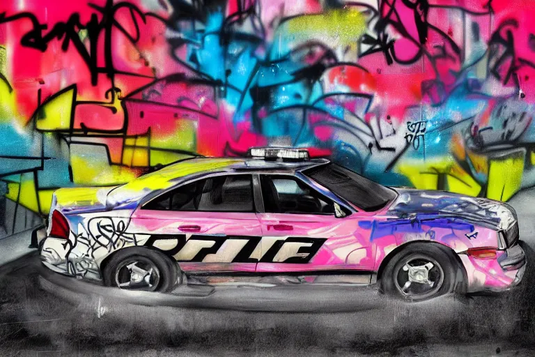 Image similar to a police car covered in graffiti by mia brownell, art by anna hotchkis, antonio saura, very detailed, maximalism, ambient occlusion, volumetric light, atmospheric haze, hyper realism, futuristic but colorful shading, cinematic composition, realistic render, photography, wide shot