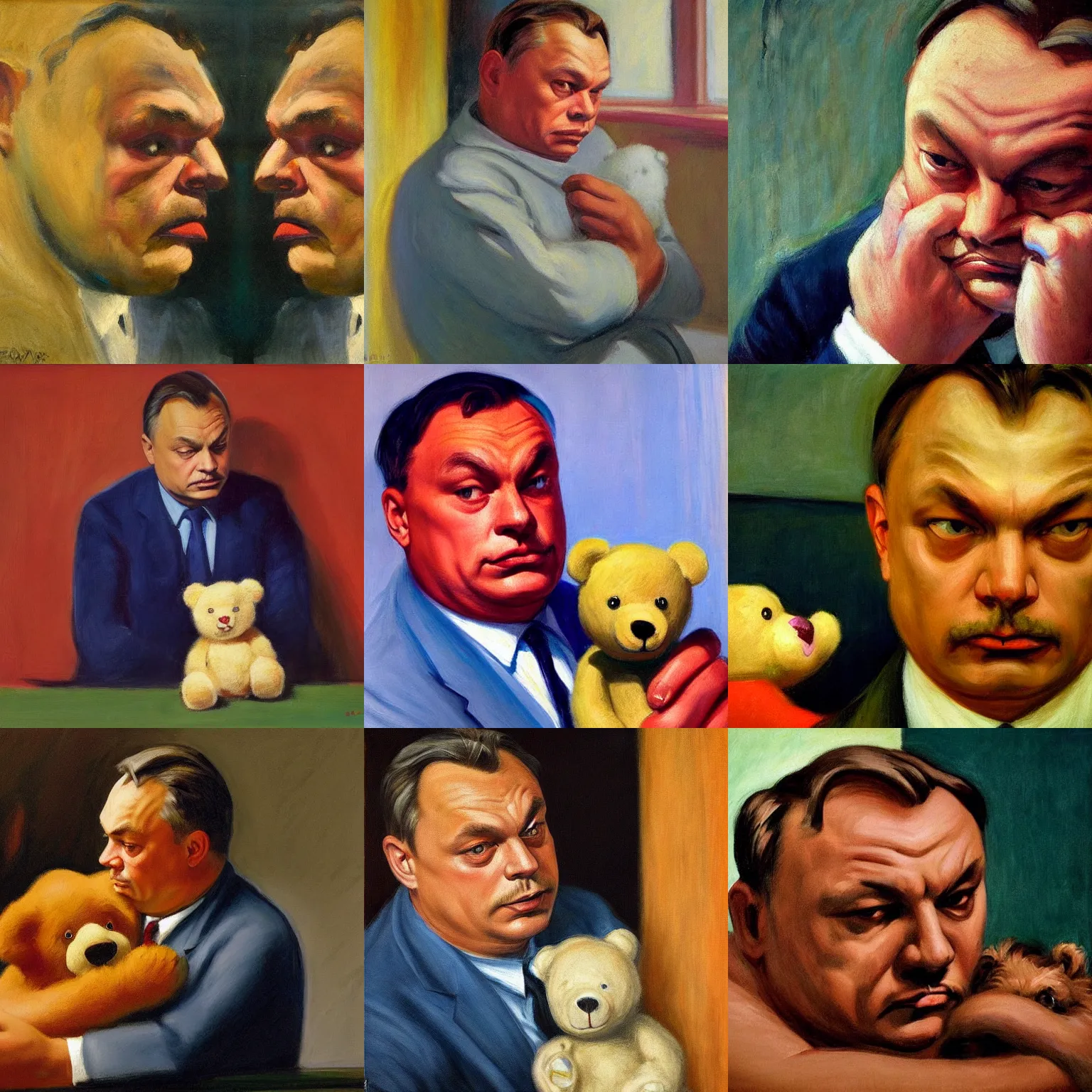 Prompt: depressed viktor orban detailed face holding a teddy bear by edward hopper