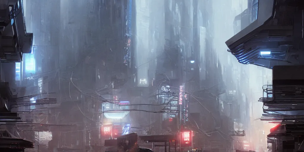 Prompt: a futuristic exterior mass effect and bladerunner building, multi - layer, large pipes, metal cladding wall, lots of wires, some stalls, back alley, intricate bridges between buildings, some billboards, environment fog, dark and moody, by eddie mendoza, syd mead, moebius