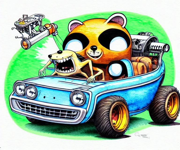 Image similar to cute and funny, racoon driving a tiny hot rod with an oversized engine, ratfink style by ed roth, centered award winning watercolor pen illustration, isometric illustration by chihiro iwasaki, edited by craola, tiny details by artgerm and watercolor girl, symmetrically isometrically centered