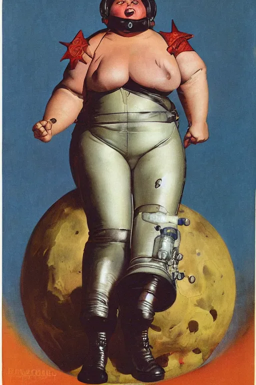 Prompt: 5 0 s pulp scifi fantasy illustration head and upper body portrait cheerful obese woman in leather spacesuit by norman rockwell, roberto ferri, daniel gerhartz, edd cartier, jack kirby, howard v brown, ruan jia, tom lovell, frank r paul, jacob collins, dean cornwell, astounding stories, amazing, fantasy, other worlds