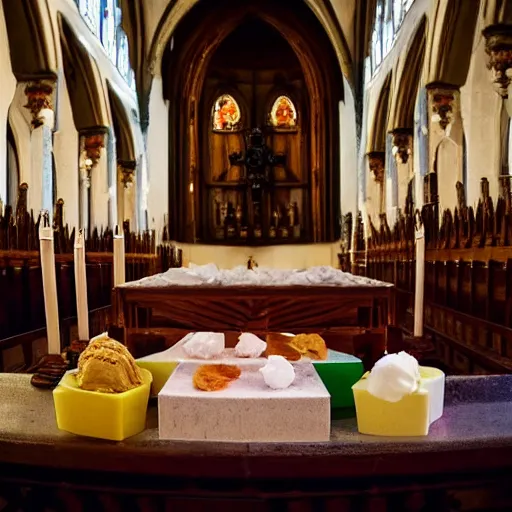 Prompt: ceremony of a soft ice ice cream on an altar during a latin rite catholic church service in a medieval cathedral