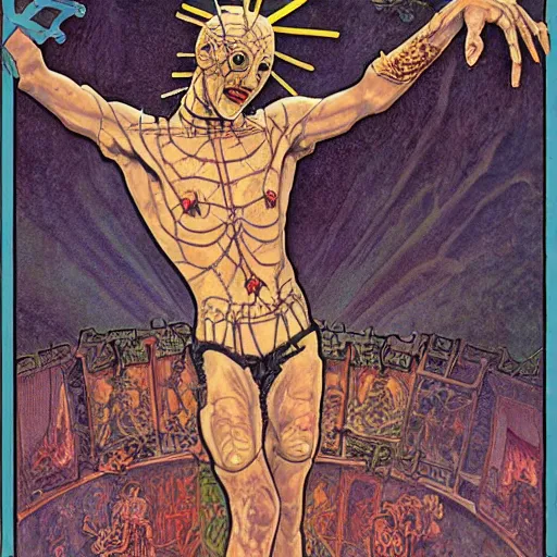 Image similar to a matte painting of hellraiser puzzle box floating above skinned man in hell by clive barker and alex grey and alphonse mucha