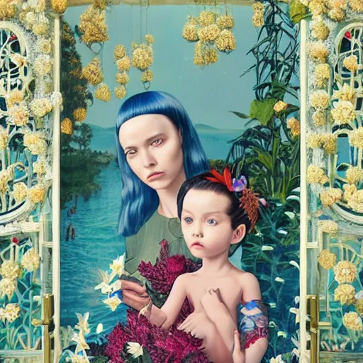 Image similar to pretty mother with child in arm with lilies : : by martine johanna and simon stalenhag and chie yoshii and casey weldon and wlop : : ornate, dynamic, particulate, rich colors, intricate, elegant, highly detailed, vogue, harper's bazaar art, fashion magazine, smooth, sharp focus, 8 k, octane render