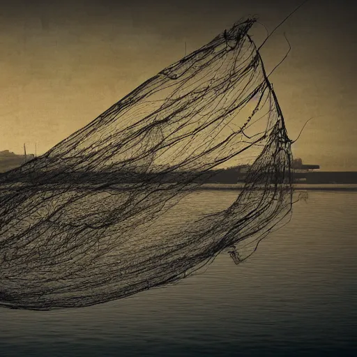 Prompt: incredible wide screenshot, ultrawide, simple watercolor, rough paper texture, edinburgh, backlit shot, trawl fishing net, dredge, fish shoal, pencil marks, tina holley hd, 4 k, remaster, dynamic camera angle, deep 3 point perspective, dynamic lighting