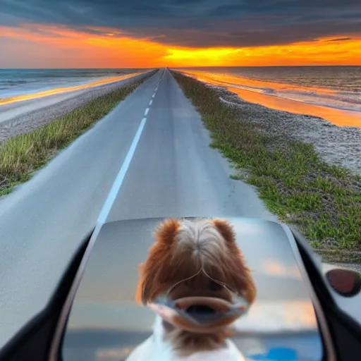 Image similar to a photo of a dog driving a car along a beach road in miami in sunset, photo realistic 8k