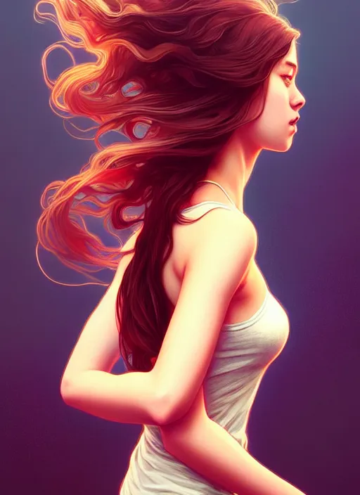 Prompt: handsome young women with shoulder length fire hair, half body shot, path traced, highly detailed, high quality, digital painting, alena aenami, lilia alvarado, shinji aramaki, karol bak, alphonse mucha, tom bagshaw