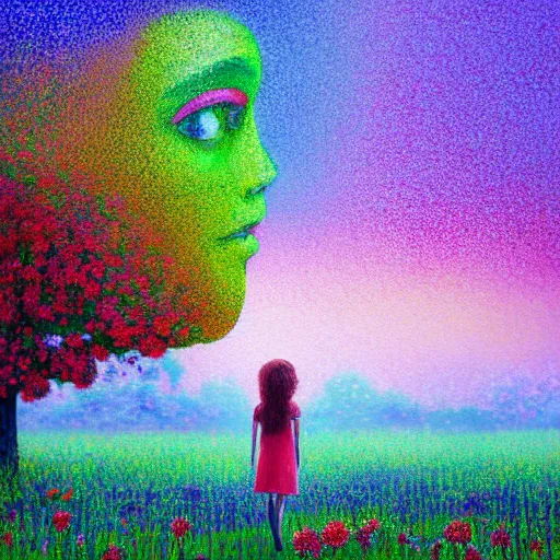 Image similar to girl made from large flower, standing in flower field, surreal photography, big trees, sunrise dramatic light, impressionist painting, colorful clouds, digital painting, pointillism, artstation, simon stalenhag