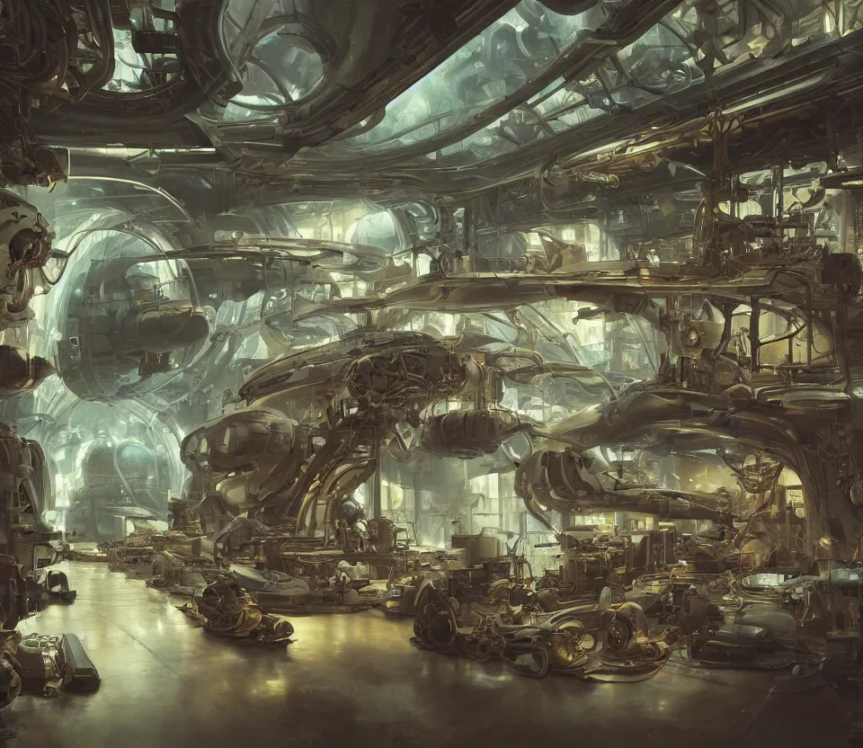 Image similar to the inside of a futuristic mechanic spaceshop, highly detailed interior, holographic screen in center frame by peter mohrbacher and craig mullins, dieselpunk, firefly, cryengine render, hyper realism, realistic shading, cinematic composition, realistic render, octane render, detailed textures, photorealistic, wide shot, fanciful, colorful