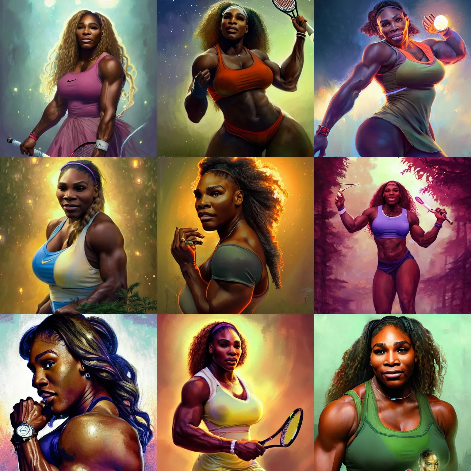 Image similar to portrait of muscled Serena Williams surrounded by zombies on a tennis court, mystical lighting, fireflies bokey, highly detailed, digital painting, artstation, concept art, smooth, sharp focus, illustration, art by artgerm and greg rutkowski and alphonse mucha