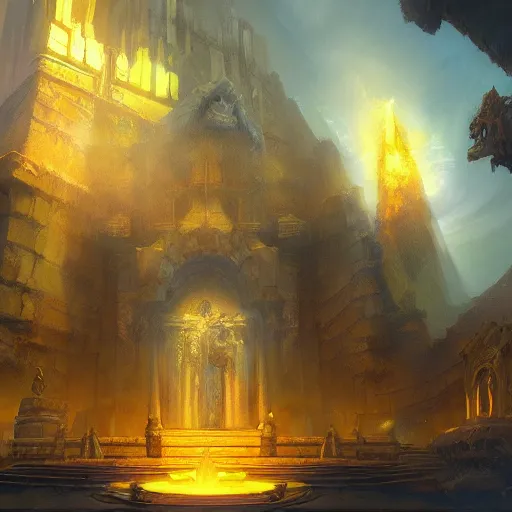 Prompt: a holy temple, yellow light emission, hearthstone art style, epic fantasy style art by Craig Mullins, fantasy epic digital art, epic fantasy card game art by Greg Rutkowski